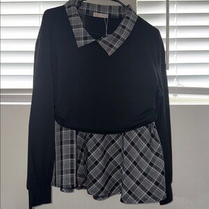 ROMWE Plaid Set Long sleeve top with Skater Skirt - Black and White